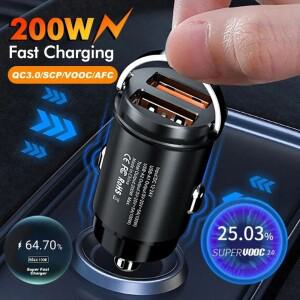 200W 자동차 듀얼 포트 미니 USB 충전기 초고속 시가 라이터 소켓 12-24V 알루미늄 휴대폰 어댑터
