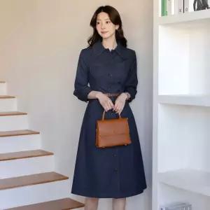 ~XXL까지 베사미 데님 포켓 벨트 셔츠 A라인 원피스 봄 가을 하객룩 오피스룩 모임룩 격식룩 빅사이즈14112