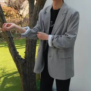 플레이마틴 베를린 오버핏 글렌체크 투버튼 자켓 카키 베이지