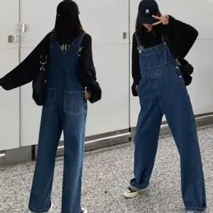데님멜빵바지 와이드핏 여성 점프수트 청멜빵바지 데님통바지