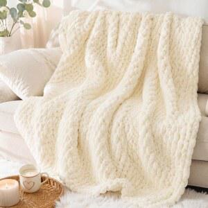 럭셔리 청키 니트 던지기용 블랭킷, 보헤미안 체닐 케이블 블랭킷 50x60 | 업그레이드된 보풀 없는 원사와 초고밀도 직조 기술로 소파에 오래도록 포근한 보온을 제공하며, 보풀이나 색 바램 걱정이 없습니다.