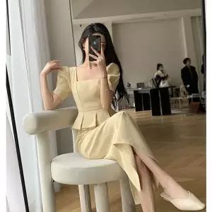 [하프클럽/]페일 옐로우 스퀘어넥 반팔 원피스 여름 가을 하객룩 오피스룩
