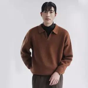 [하프클럽/]남자 캐주얼 루즈핏 와플 오픈카라 니트 티셔츠 OC-KNA-SWFFSDV1-R