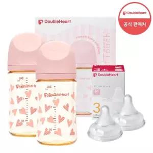 더블하트 모유실감3 스윗러브 240ml 트윈팩 젖병2개 노꼭지)+젖꼭지 2개