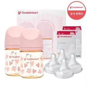 더블하트 모유실감3 스윗러브 160ml 트윈팩 젖병2개 노꼭지)+젖꼭지 4개