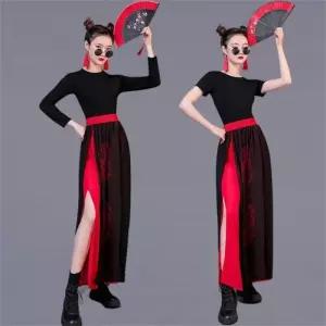 댄스복 트로트 난타 고고 모던 금장 청 반팔세트 귀걸이 레드스트랩 110cm