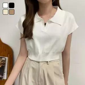 [리빌모아]여자 베이직 크롭 오픈카라 PK 반팔 니트 DHTW-KNH-SN2565653-R1