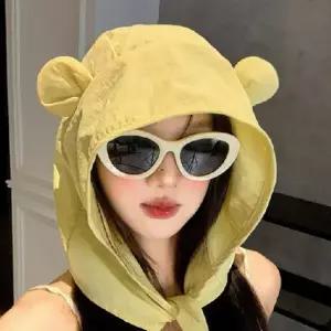 여성 자외선차단 곰돌이 버킷햇 햇빛가리개 두건 모자 넥워머