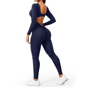 YEOREO CoreFlex 오픈 백 스크런치 버트 여성용 긴팔 점프수트 | 사각넥, 풀 길이, 바디콘 핏, 부드러움, 4방향 신축성, 땀 흡수, 비투명
