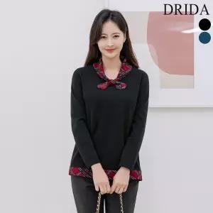 엄마옷  여자 봄 가을 리본 카라 체크 빅사이즈 긴팔 티셔츠 40-50대 미시 중
