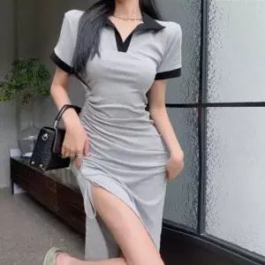 반팔원피스 카라 배색 옆셔링 큐티  반팔 원피스