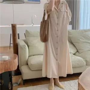 여성 심플 베이직 린넨 카라 셔츠 데일리 롱 원피스 린넨원피스