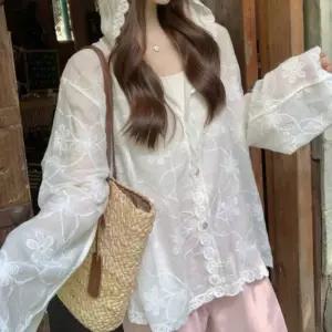 여름 펀칭 플라워 자수 후드 시스루 가디건 꽃무늬