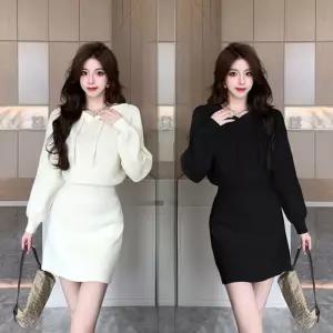 매일잇템 여자 허리조임 예쁜 골지 후드 니트 미니 원피스 치마