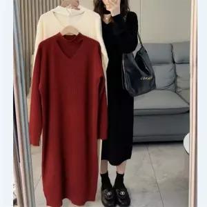 가을 신상 이중 니트 브이넥 원피스 치마 겨울 보온 우리집소싱