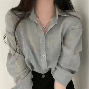 여성 여름 셔츠 시스루 하늘하늘 블라우스 여성 얇은 셔츠 루즈핏 베이직 코튼 크롭 와이셔츠 여리여리