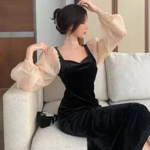 여자 럭셔리 스타일 연말 모임룩 하객룩 패션 벨벳 슬림 원피스 HWFKM0TQ