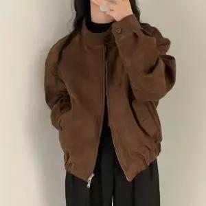 모카 스웨이드 여자 자켓 하이넥 집업 루즈핏 겨울 아우터 캐주얼