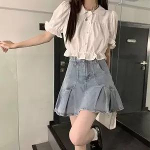 여성 어깨 셔링 소매 밴딩 카라 화이트 크롭 블라우스
