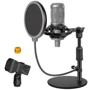 AT2020 HYPERX QUADCAST BLUE YETI SHURE SM58용으로 안정적인 금속 베이스 쇼크 마운트 팝 필터 마이크 클립 마이크 어댑터가 포함된 RIGYCH MIC 스탠드 데스크 조절형 데스크탑 마이크 스탠드