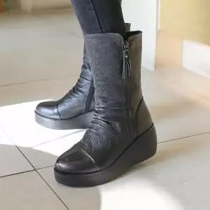 제이슈 천연소가죽 기모안감 타이틀 통굽 미들부츠 6.5cm