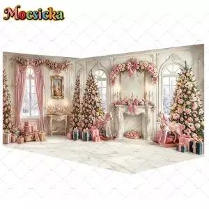 Mocsicka 핑크 크리스마스 회전목마 배경 사진 꽃난로 장면 트리 휴일 생일