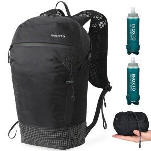 IX INOXTO 하이킹 백팩 15L / 22L 초경량 휴대용 여행 백팩, 남녀 공용 500ML 소프트 플라스크 2개 포함 방수 접이식 야외 데이팩 (블랙)