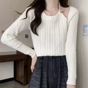 매일잇템 꽈배기 짜임 패턴 여성 홀터넥 볼레로 긴팔 니트