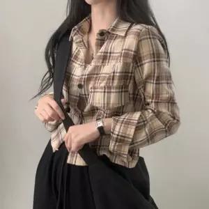 외출 패션 스퀘어넥티 패턴 셔츠 스타일 롱티셔츠 형광티셔츠 체크 긴팔 레이스나시 짧은 스트릿 여자 크롭