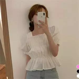 크롭 블라우스 퍼프 셔링 데일리룩 스퀘어넥 블라우스 여름 데이트 데일리 루즈핏 셔츠 소매 상의 반팔