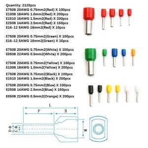 400/1200/2120PCS 코드 핀 엔드 터미널 키트 절연 구리 튜브 전기 와이어 압착 단자 관형 커넥터