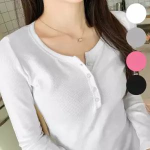 하루소소) 골지 스판 긴팔 티셔츠 헨리넥 여성 단추 쫄티