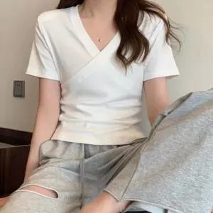 여자용 브이넥 무지 반팔티 스판 셔링 여름 랩 봄