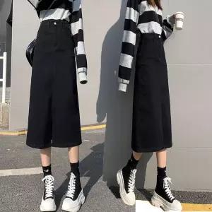 더모아상회 여성 A라인 앞트임 데님 롱 스커트 청치마 블랙 진