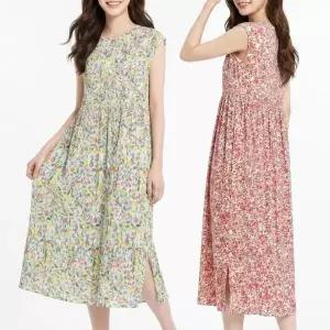 잠옷 플리츠 빅사이즈 여성용 원피스 주름 냉감 꽃나염 패턴 민소매