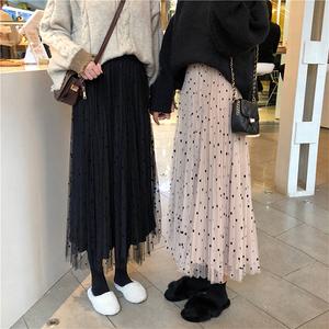 허리밴딩 도트 벨벳 망사 플리츠 양면 롱스커트