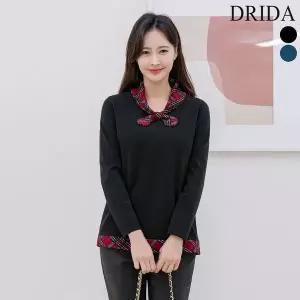 [엄마옷드리다]엄마옷 여자 봄 가을 리본 카라 체크 빅사이즈 긴팔 티셔츠 40 50대 미시 중년.._P353579547