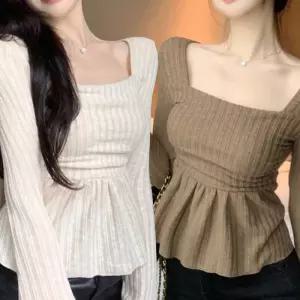 여성 스퀘어넥 긴팔티 프릴 밑단 슬림핏 똥배가림 티셔츠
