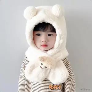 귀여운 곰돌이귀 뽀글이 모자목도리 유아 아동 겨울 방한 후드 넥워머 목도리 모자 일체형
