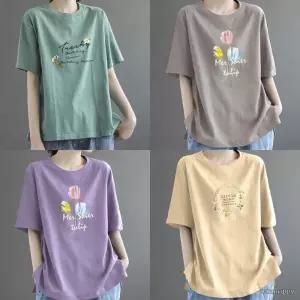 여름 데일리 루즈핏 반팔 티셔츠 여성 빅사이즈 라운드넥 박시핏 면 프린트
