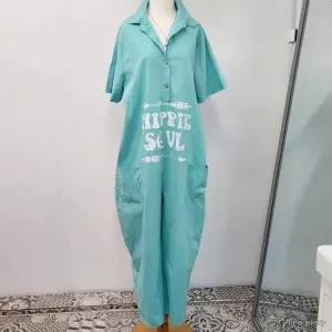 여름 데일리 편안한 여성 린넨 점프수트 루즈핏 반팔 카라넥 와이드 통바지