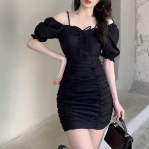 H라인 흰색 오프 원피스 퍼프 숄더 스퀘어넥 슬림 드레스 주름 시스루 쉬폰 여름 바캉스