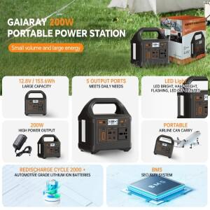 가이아레이 200W 휴대용 파워 스테이션 153.6Wh 리튬인산철 배터리 AC 110V 220V 태양광 발전기 충전 캠핑
