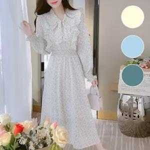 원피스 러플 프릴 긴팔 롱원피스 꽃무늬 드레스 밴딩 롱 봄가을