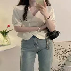 쉬폰 사랑스러운 블라우스 여자 빅카라 레이스 이중 그린