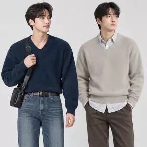 [디바옴므]겨울 앙고라 세미크롭 니트 브이넥 티셔츠 스웨터 남성 남자 머슬핏 맨투맨