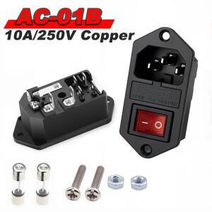 5개 AC-01B IEC320 C13 전기 AC 소켓 3핀 빨간색 LED 250V 4핀 로커 스위치 10A 퓨즈 암수 입력 마운트