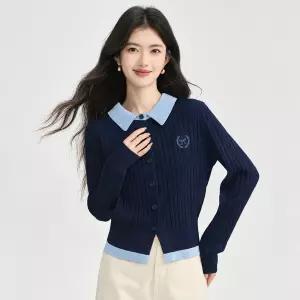 여성 배색 카라 꽈배기 니트 가디건 자수 포인트 봄가을 숏가디건