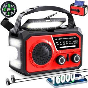 16000MAH 무선 스피커 탑재 긴급 무전기 NOAA 태양광 손잡이 무전기 | AM/FM 기상 USB 충전기 SOS 경보 손전등 독서등 캠핑용 나침반 정전 및 생존용 빨간색