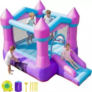 AirMyFun 핑크색 인플레이터블 용 바운스 하우스 송풍기 포함 3-8세 실내외 점핑 캐슬 슬라이드가 있는